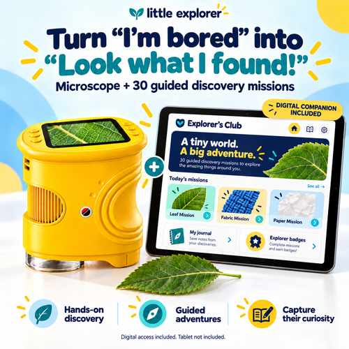 Turn I’m bored into Look what I found: microscope plus 30 guided discovery missions. Tablet not included.