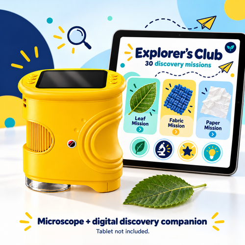 Yellow microscope and bright navy, teal and yellow Explorer’s Club concept; tablet not included